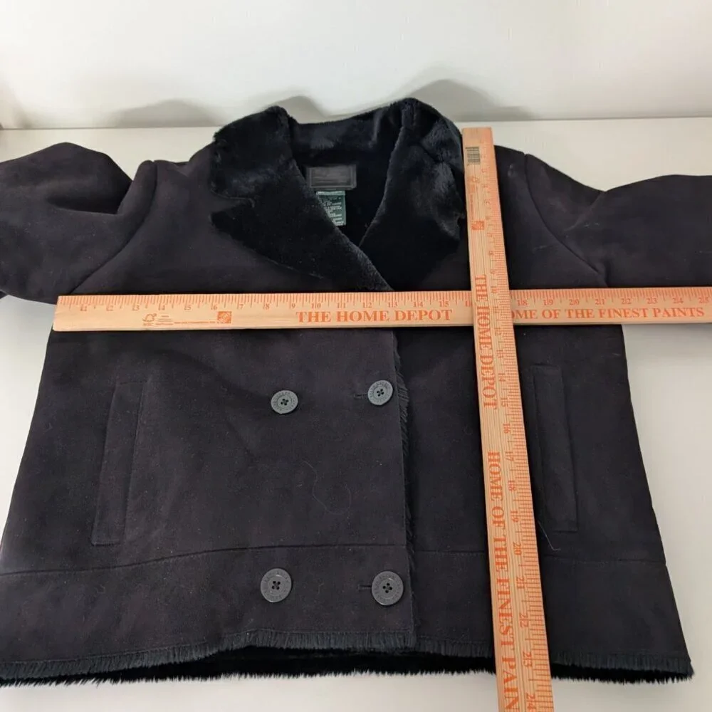 Lauren Ralph Lauren Faux Suede Fur Jacket Womens Size Large Black Double Breast